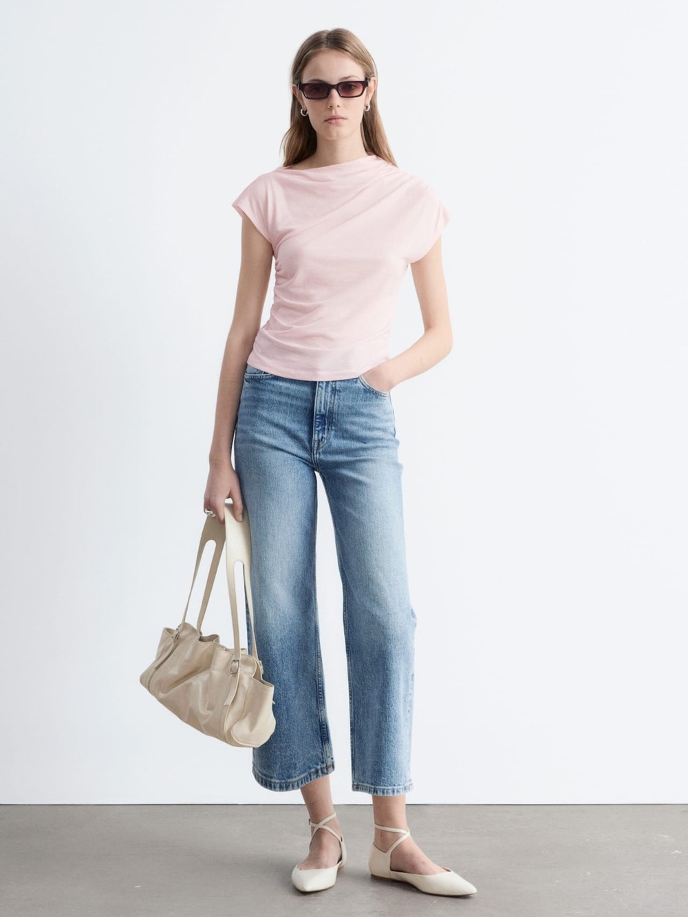 NWT. Zara Soft Blush/Nude Pink Suede Leather Draped Asymmetric Top. Size XS.